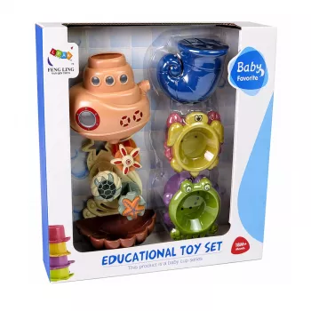 LEAN TOYS Vannas rotaļlietu komplekts: kuģis, jūras dzīvnieki, ūdenskritums, piesūcekņi
