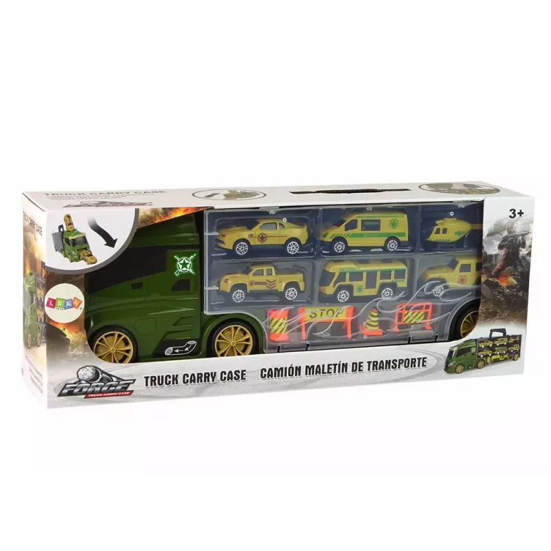 LEAN TOYS Autoiekrāvējs ar atsperu mehānismu un koferi zaļajām automašīnām