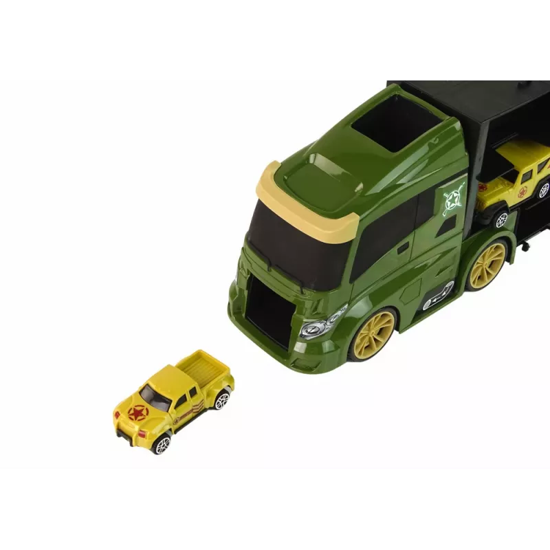 LEAN TOYS Autoiekrāvējs ar atsperu mehānismu un koferi zaļajām automašīnām