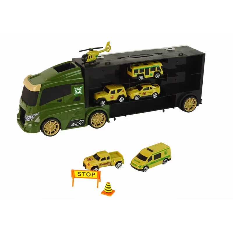 LEAN TOYS Autoiekrāvējs ar atsperu mehānismu un koferi zaļajām automašīnām