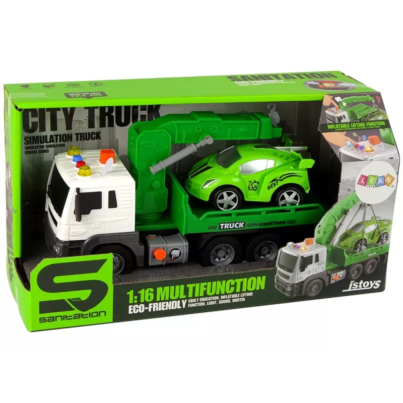 LEAN TOYS Auto transportieris Ceļmalas palīdzības evakuators 1:16 Zaļš Skaņa Gaismas