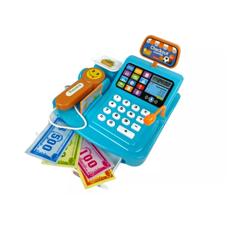 LEAN TOYS Kases aparāts ar cepumu iepakošanas svariem, bateriju un skeneri