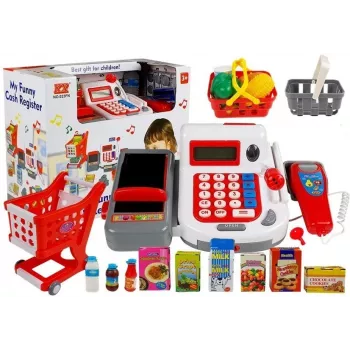LEAN TOYS kases aparāts ar groziem un piederumiem | 35 daļu lomu spēles komplekts ar darbojošos kalkulatoru, apgaismotu skeneri, mikrofonu, iepirkšanās ratiņiem un grozu | Vecumam no 3 gadiem