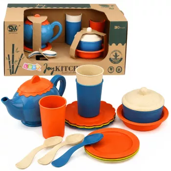 LEAN TOYS Bērnu bambusa šķiedras galda piederumu komplekts, zils un oranžs, 15 gab.