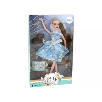LEAN TOYS Bērnu lelle Emīlija Pavasaris Garie mati Zila kleita Kaķēns