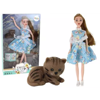 LEAN TOYS Bērnu lelle Emīlija Pavasaris Garie mati Zila kleita Kaķēns