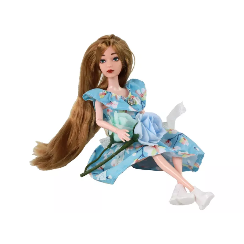LEAN TOYS Bērnu lelle Emīlija Pavasara ar garajiem matiem un zilu ziedu kleitu