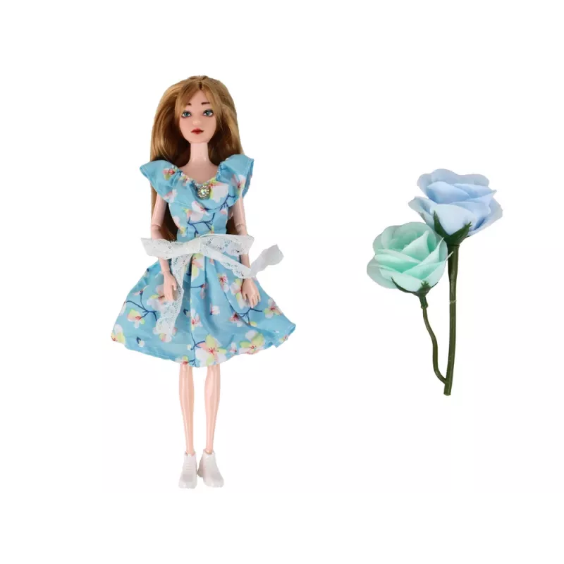 LEAN TOYS Bērnu lelle Emīlija Pavasara ar garajiem matiem un zilu ziedu kleitu