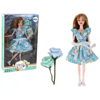 LEAN TOYS Bērnu lelle Emīlija Pavasara ar garajiem matiem un zilu ziedu kleitu