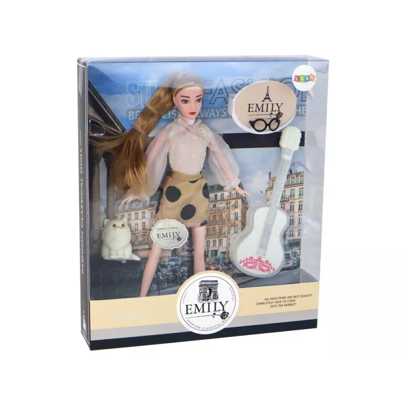 LEAN TOYS Bērnu lelle Emilija ar ģitāru, brillēm, gariem blondiem matiem un kaķēnu