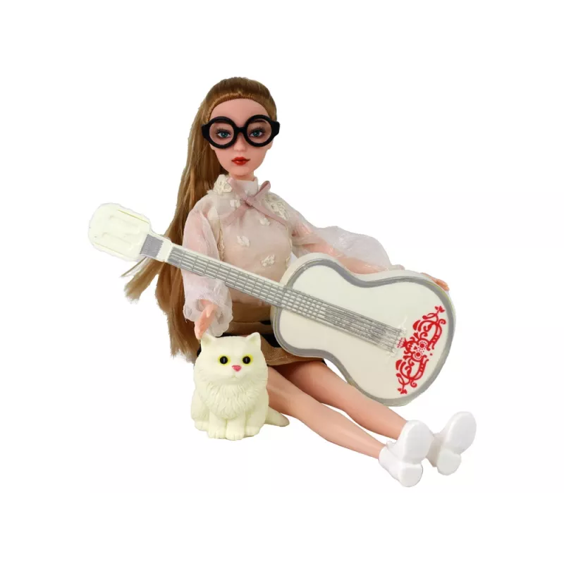 LEAN TOYS Bērnu lelle Emilija ar ģitāru, brillēm, gariem blondiem matiem un kaķēnu