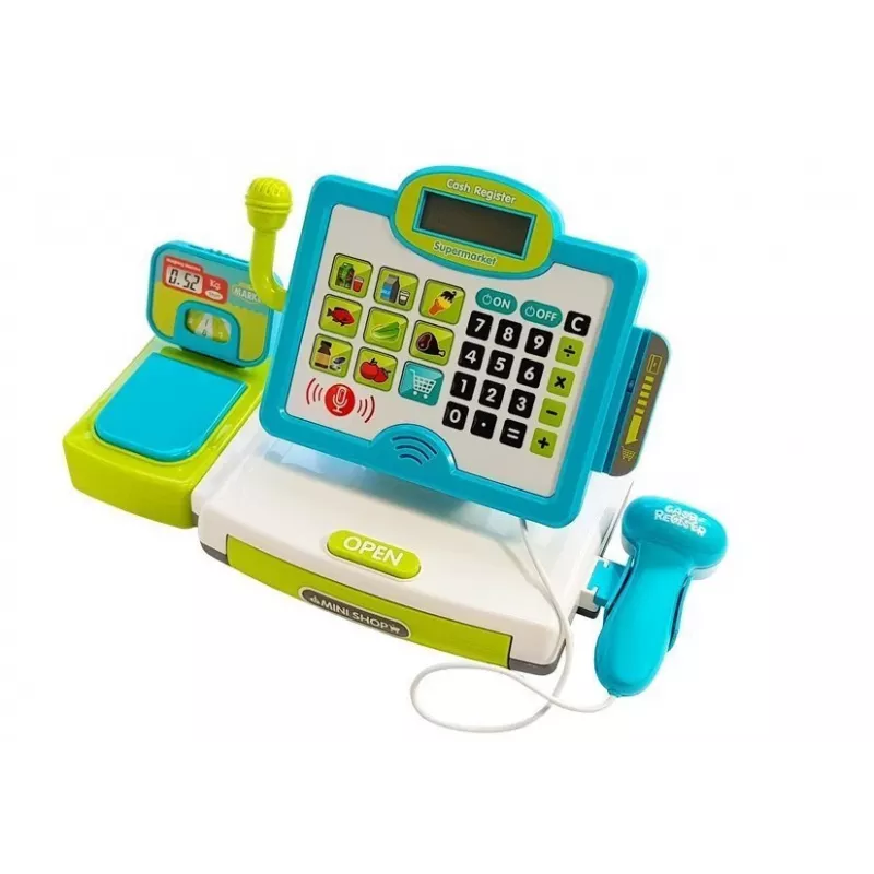 LEAN TOYS Bērnu elektroniskais kases aparāts ar grozu - zils, darbojas kalkulators, gaisma un skaņa, 25 piederumi, vecumam no 3 gadiem