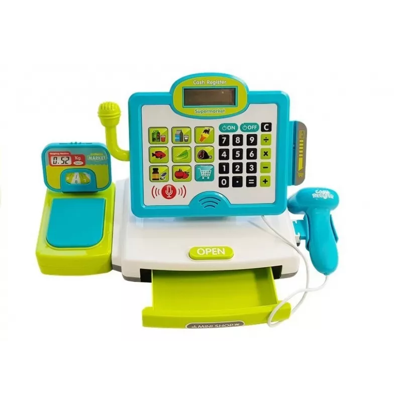 LEAN TOYS Bērnu elektroniskais kases aparāts ar grozu - zils, darbojas kalkulators, gaisma un skaņa, 25 piederumi, vecumam no 3 gadiem