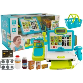 LEAN TOYS Bērnu elektroniskais kases aparāts ar grozu - zils, darbojas kalkulators, gaisma un skaņa, 25 piederumi, vecumam no 3 gadiem
