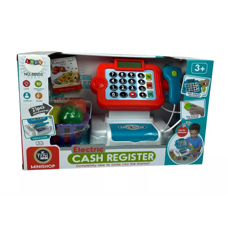 LEAN TOYS Bērnu fiskālais kases aparāts ar kalkulatoru un dārzeņu grozu