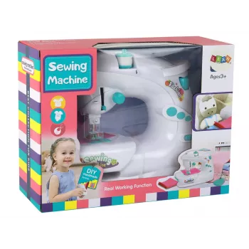 Lean Toys Bērnu šujmašīna bērniem - balta, ar bateriju darbināma, reālistiska rotaļlieta ar kājas pedāli un LED gaismu