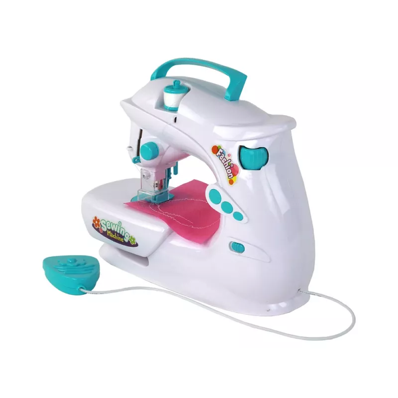 Lean Toys Bērnu šujmašīna bērniem - balta, ar bateriju darbināma, reālistiska rotaļlieta ar kājas pedāli un LED gaismu