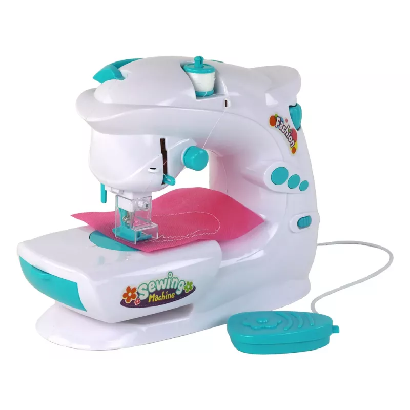 Lean Toys Bērnu šujmašīna bērniem - balta, ar bateriju darbināma, reālistiska rotaļlieta ar kājas pedāli un LED gaismu