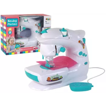 Lean Toys Bērnu šujmašīna bērniem - balta, ar bateriju darbināma, reālistiska rotaļlieta ar kājas pedāli un LED gaismu