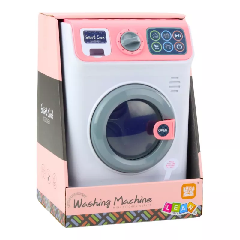LEAN TOYS Bērnu veļas mašīna ar rotējošu cilindru, gaismām un skaņām, balta/rozā