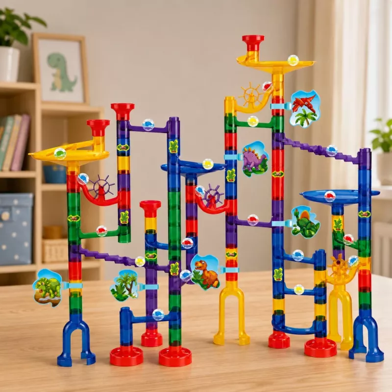 LEAN TOYS Konstruktora komplekts Bumbiņu trase Tuneļi Krāsaini dinozauri 192 gab.