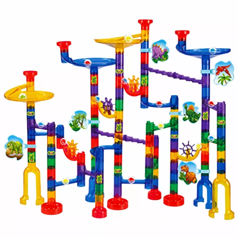 LEAN TOYS Konstruktora komplekts Bumbiņu trase Tuneļi Krāsaini dinozauri 192 gab.