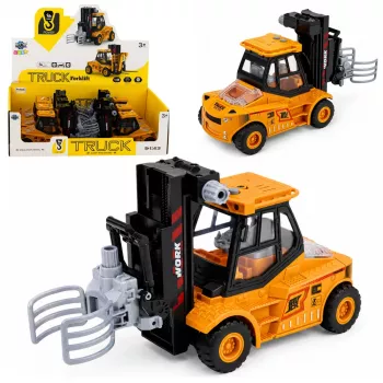 LEAN TOYS Celtniecības transportlīdzeklis – Autoiekrāvējs ar regulējamu satvērēju, gaismām un skaņām, dzeltens, 1:43