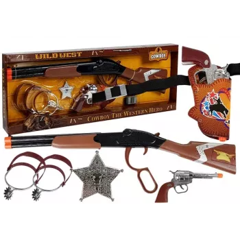 LEAN TOYS Kovboju komplekts ar sviras darbības šauteni, Colt revolveri un šerifa nozīmīti