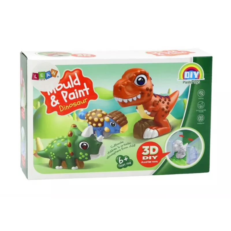 LEAN TOYS radošais komplekts Dinozauri 3D ģipša krāsas - lej un krāso 6 dinozauru figūras, 6 veidnes, 6 krāsas, instrumenti, no 5 gadiem