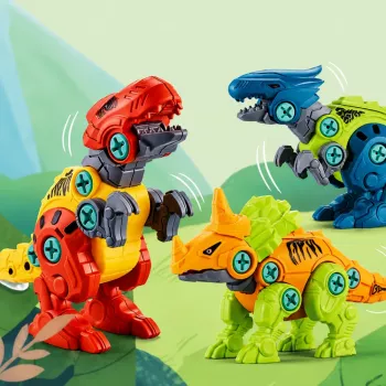 LEAN TOYS Dinozauru konstrukcijas bloku komplekts ar skrūvgriezi 4-in-1