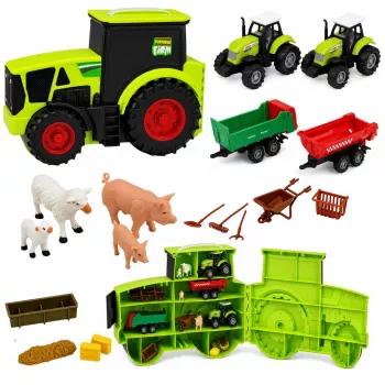 LEAN TOYS Lauku sēta ar traktoru, lauksaimniecības transportlīdzekļiem, dzīvniekiem un piederumiem – 28 daļu rotaļu komplekts