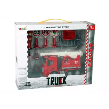 LEAN TOYS Ugunsdzēsēju komplekts ar celtni, ceļa zīmēm un ugunsdzēsēju figūriņām