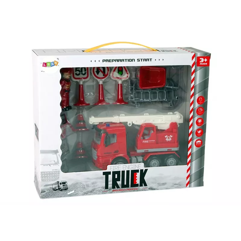 LEAN TOYS Ugunsdzēsēju komplekts ar celtni, ceļa zīmēm un ugunsdzēsēju figūriņām