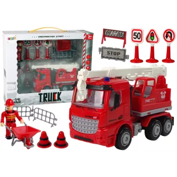LEAN TOYS Ugunsdzēsēju komplekts ar celtni, ceļa zīmēm un ugunsdzēsēju figūriņām