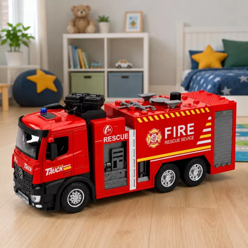 LEAN TOYS Ugunsdzēsēju mašīna ar ūdens funkciju, metāla kabīni, gaismām, skaņām 1:12