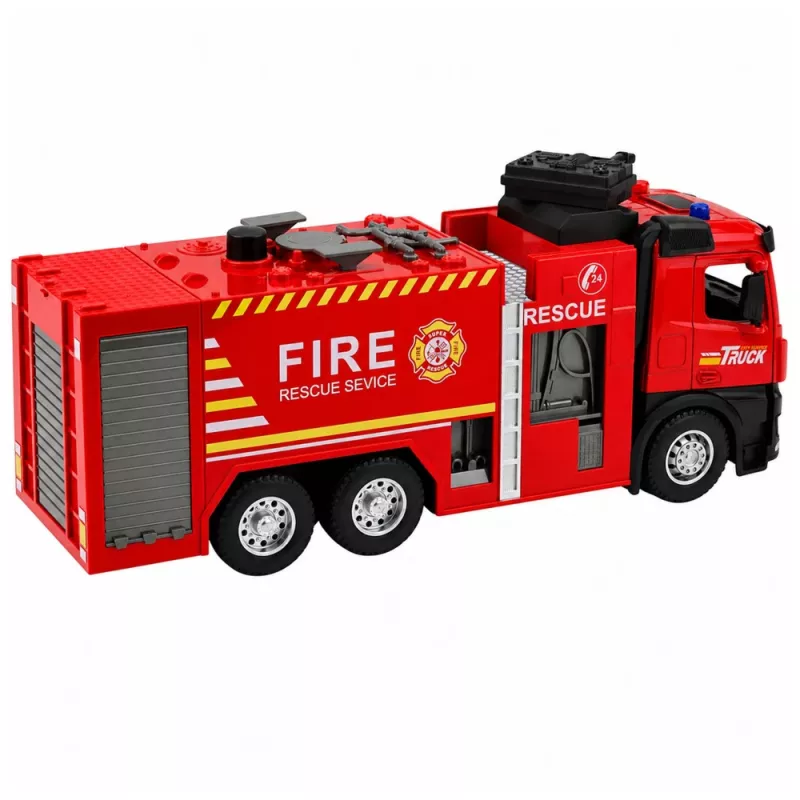 LEAN TOYS Ugunsdzēsēju mašīna ar ūdens funkciju, metāla kabīni, gaismām, skaņām 1:12