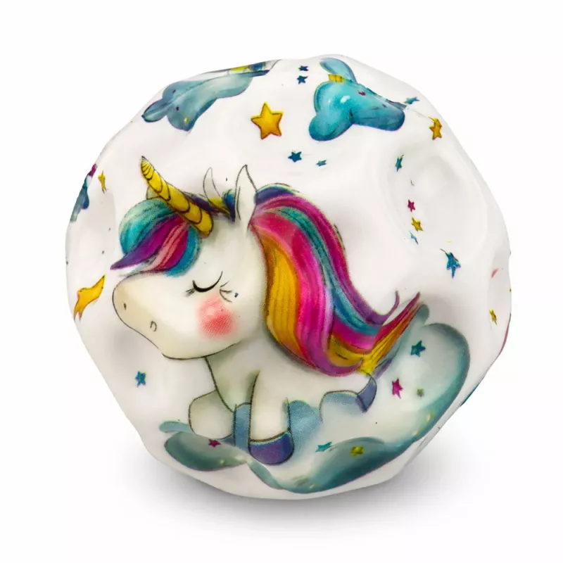 LEAN TOYS Putuplasta bumba ar iedobēm atsitienam pret stresu Vienradzis 7cm