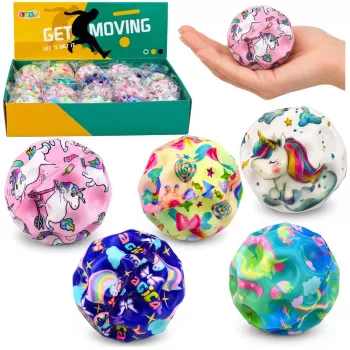 LEAN TOYS Putuplasta bumba ar iedobēm atsitienam pret stresu Vienradzis 7cm