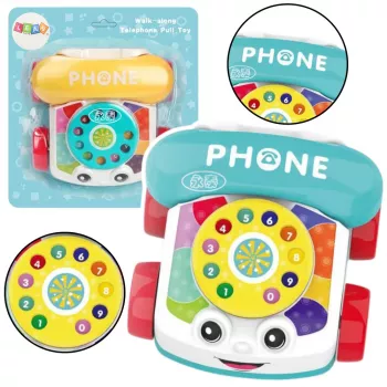 LEAN TOYS interaktīva krāsaina velkamā telefona rotaļlieta ar riteņiem