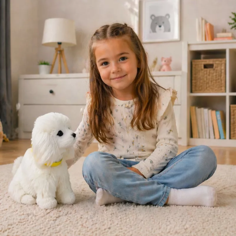 LEAN TOYS Interaktīvs plīša suns ar mīkstu kažoku, pūdelis, glāstot galvu, uzzini tā funkcijas