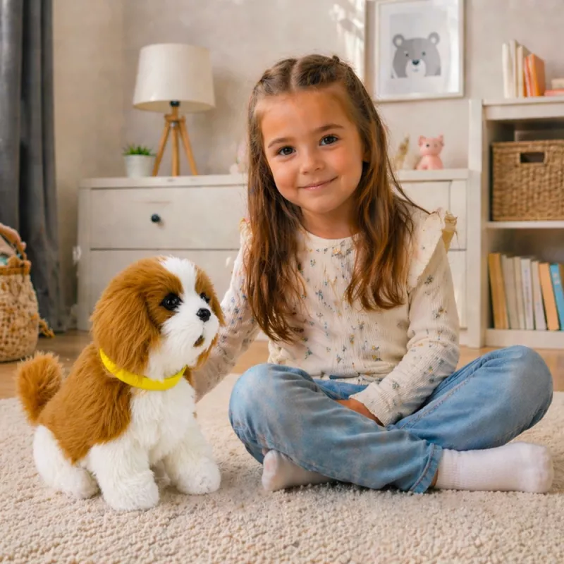 LEAN TOYS Interaktīvs plīša suns ar mīkstu kažoku, kavaliera šķirne, glāstiet tā galvu un apgūstiet tā funkcijas