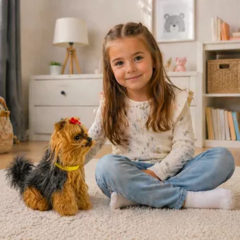 LEAN TOYS Interaktīvs plīša suns - mīksta kažokāda, Jorkšīras terjera šķirne, noglaudiet galvu un uzziniet tās funkcijas