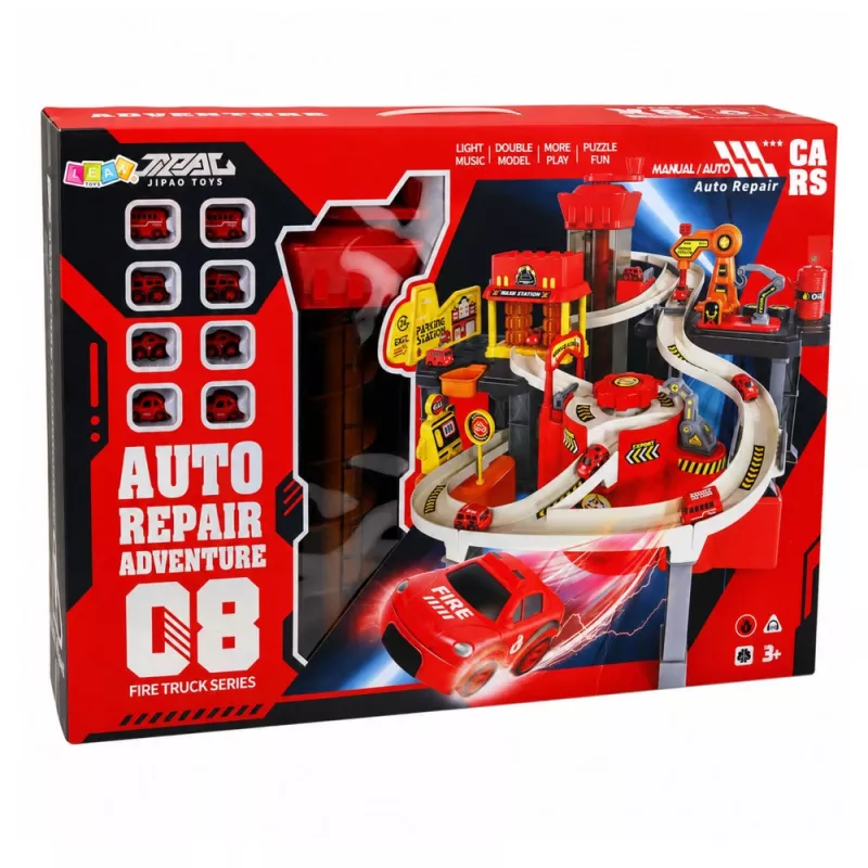 LEAN TOYS Interaktīvs trases automašīnu stāvlaukums, darbnīca un automazgātava – Ugunsdzēsēju rotaļu komplekts ar 8 automašīnām