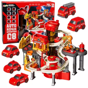 LEAN TOYS Interaktīvs trases automašīnu stāvlaukums, darbnīca un automazgātava – Ugunsdzēsēju rotaļu komplekts ar 8 automašīnām