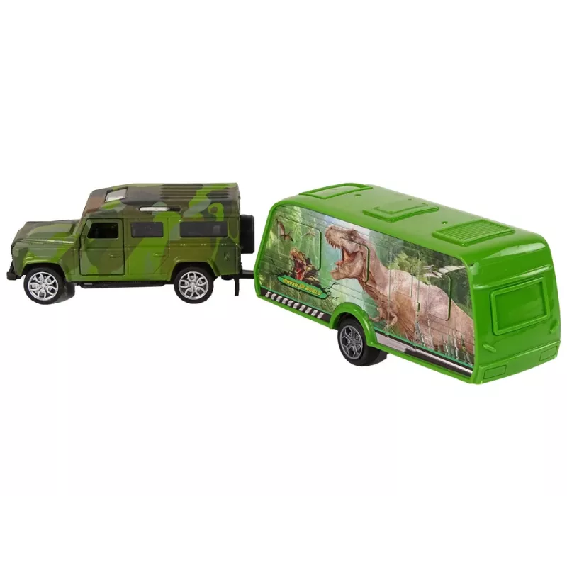LEAN TOYS Jeep komplekts ar velkamo dinozauru piekabi