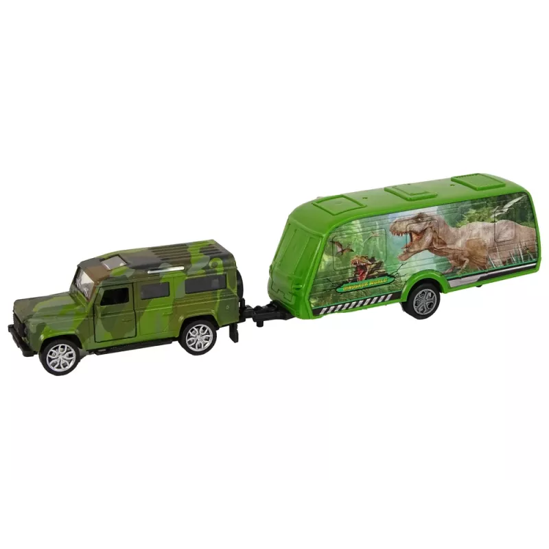 LEAN TOYS Jeep komplekts ar velkamo dinozauru piekabi