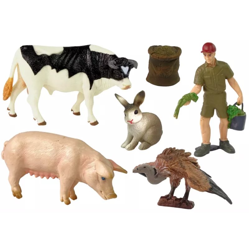 LEAN TOYS Lielo lauksaimniecības dzīvnieku figūriņu komplekts + zemnieks un sēta 10 gab.