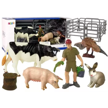 LEAN TOYS Lielo lauksaimniecības dzīvnieku figūriņu komplekts + zemnieks un sēta 10 gab.