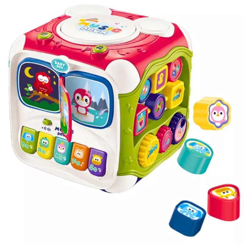 LEAN TOYS Liels daudzfunkcionāls izglītojošs kubs Piano Sorter Bungas – interaktīva 6-pusīga aktivitāšu rotaļlieta ar gaismām, skaņām, pērlīšu labirintu un formu šķirotāju