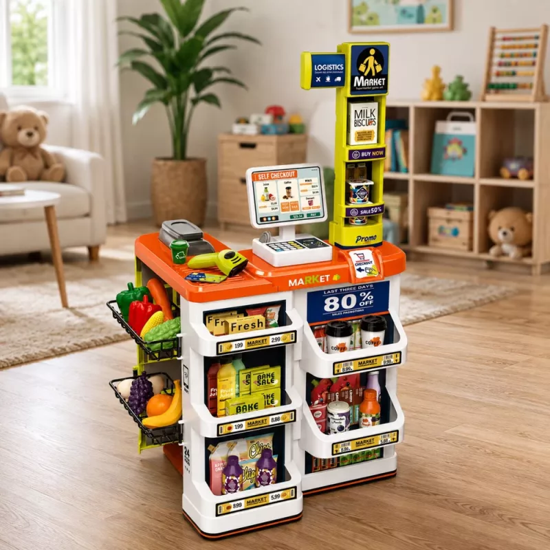 LEAN TOYS Lielais lielveikala kases aparāta un ratiņu komplekts - 60 daļas ar gaismām, skaņām un aksesuāriem, lomu spēles rotaļlieta bērniem no 3 gadiem
